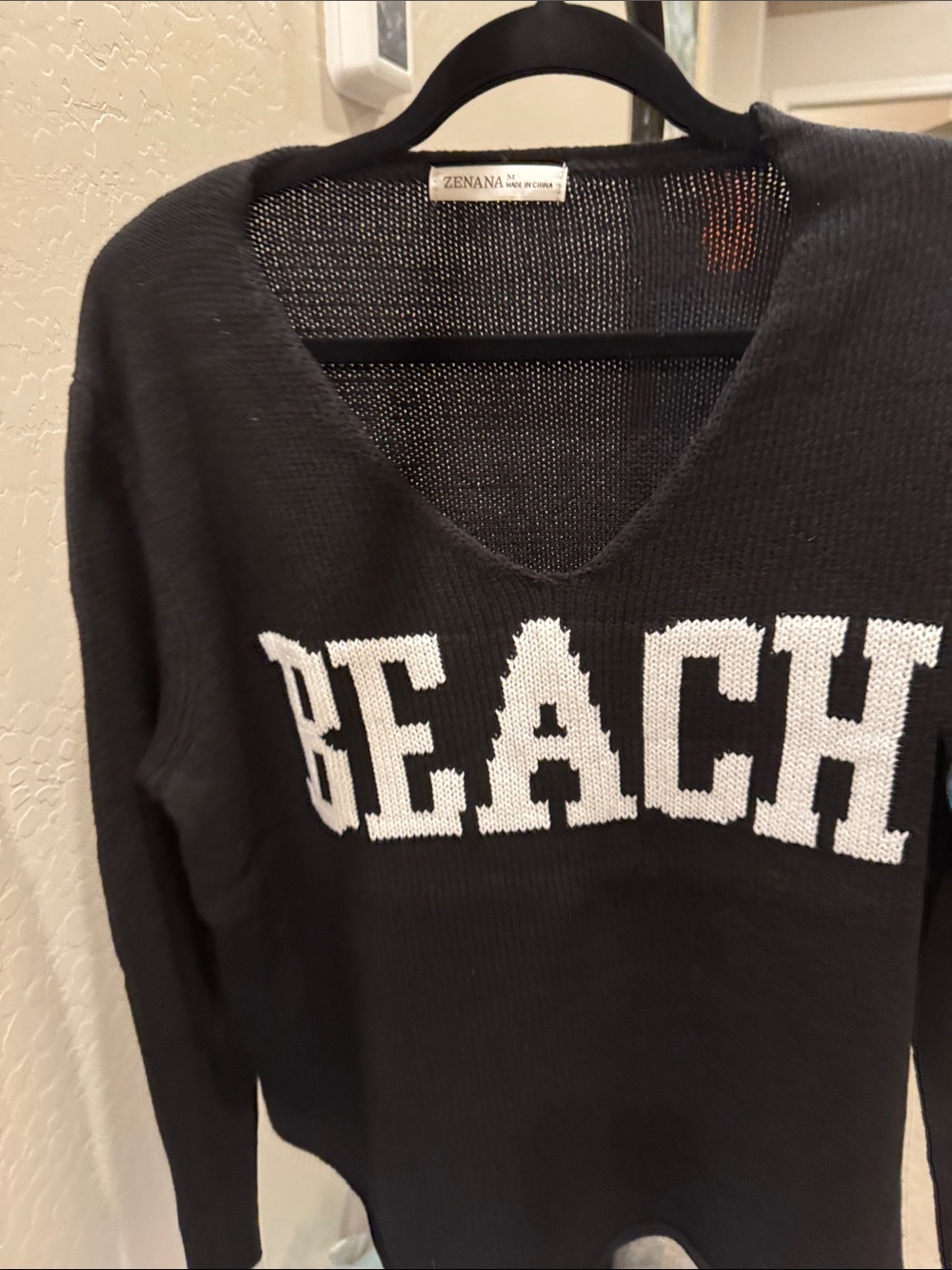 Zenana Outfitters Black V-Neck Sweater with White 'BEACH' Lettering